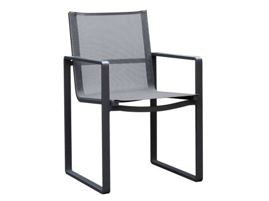 Sort stol med armlene, i aluminium med grå tekstil