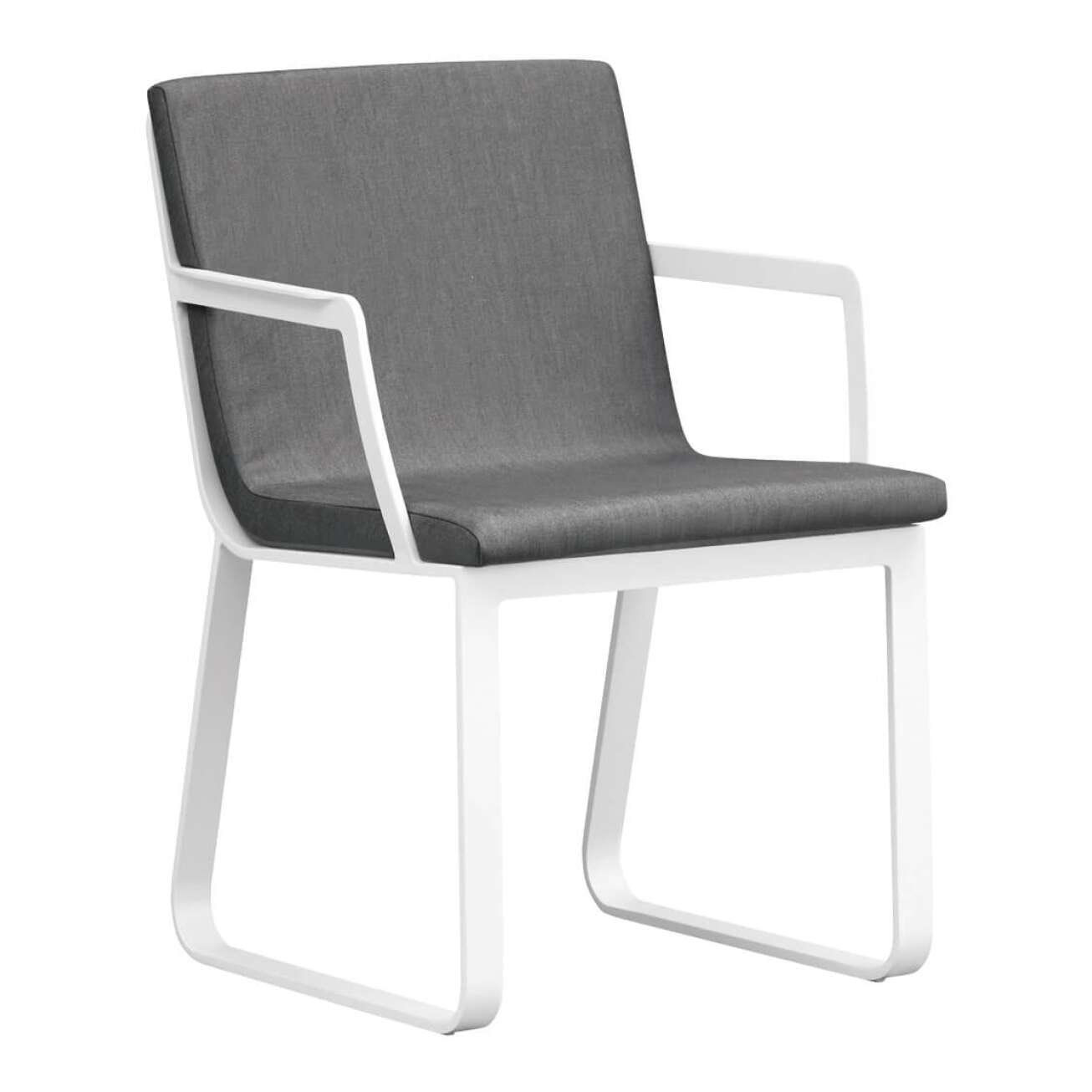 Stol i sortlakket aluminium med sete i grå tekstil med armlene