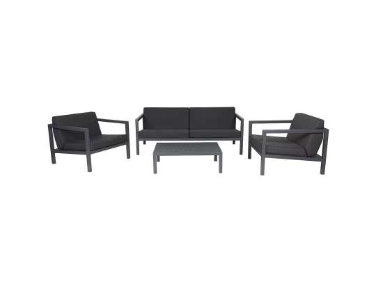 Sundays Frame sofagruppe - 2.5-seter, to stoler og sofabord i mørkgrå aluminium med svarte puter