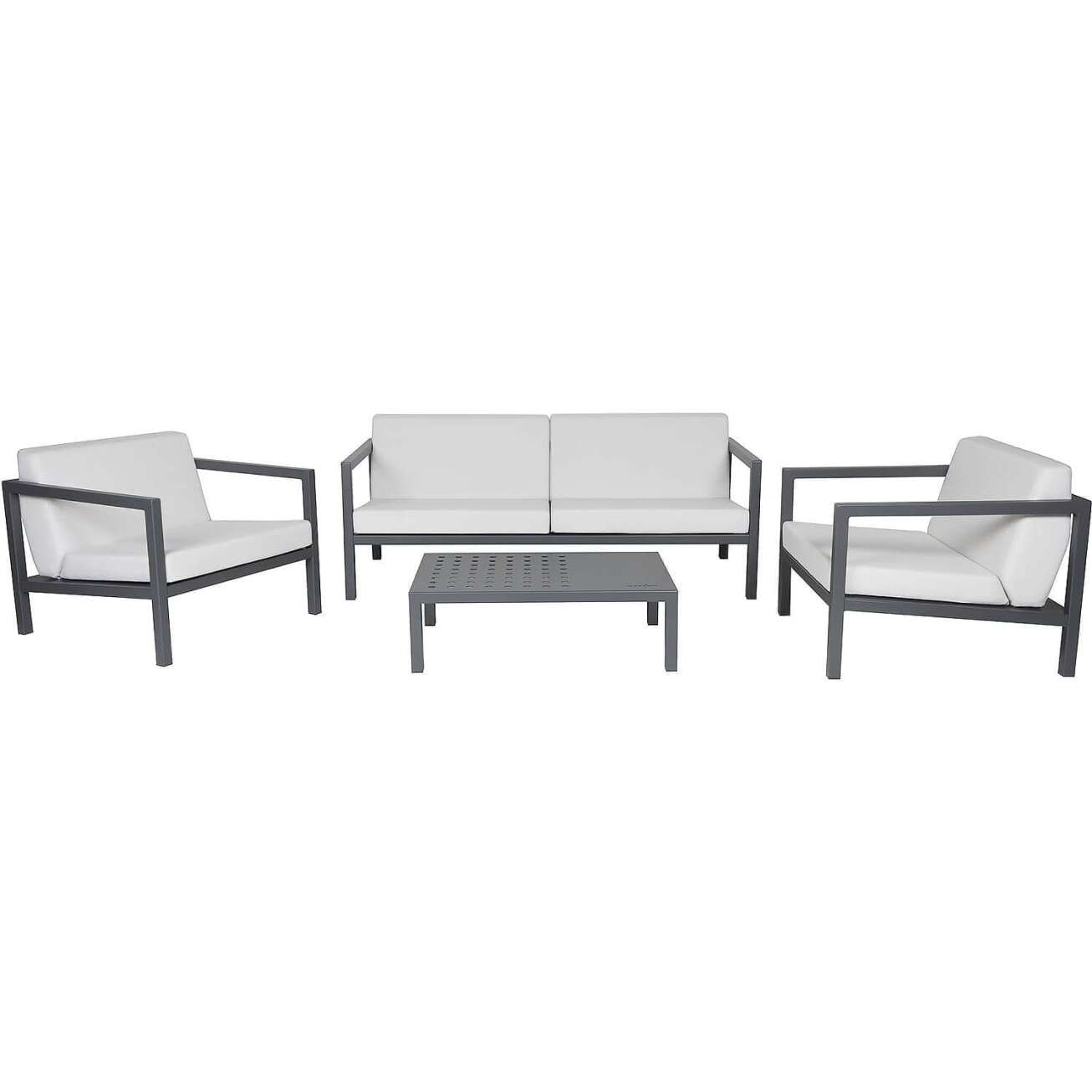 Sundays Frame sofagruppe - 2.5-seter, to stoler og sofabord i mørkgrå aluminium med hvite puter