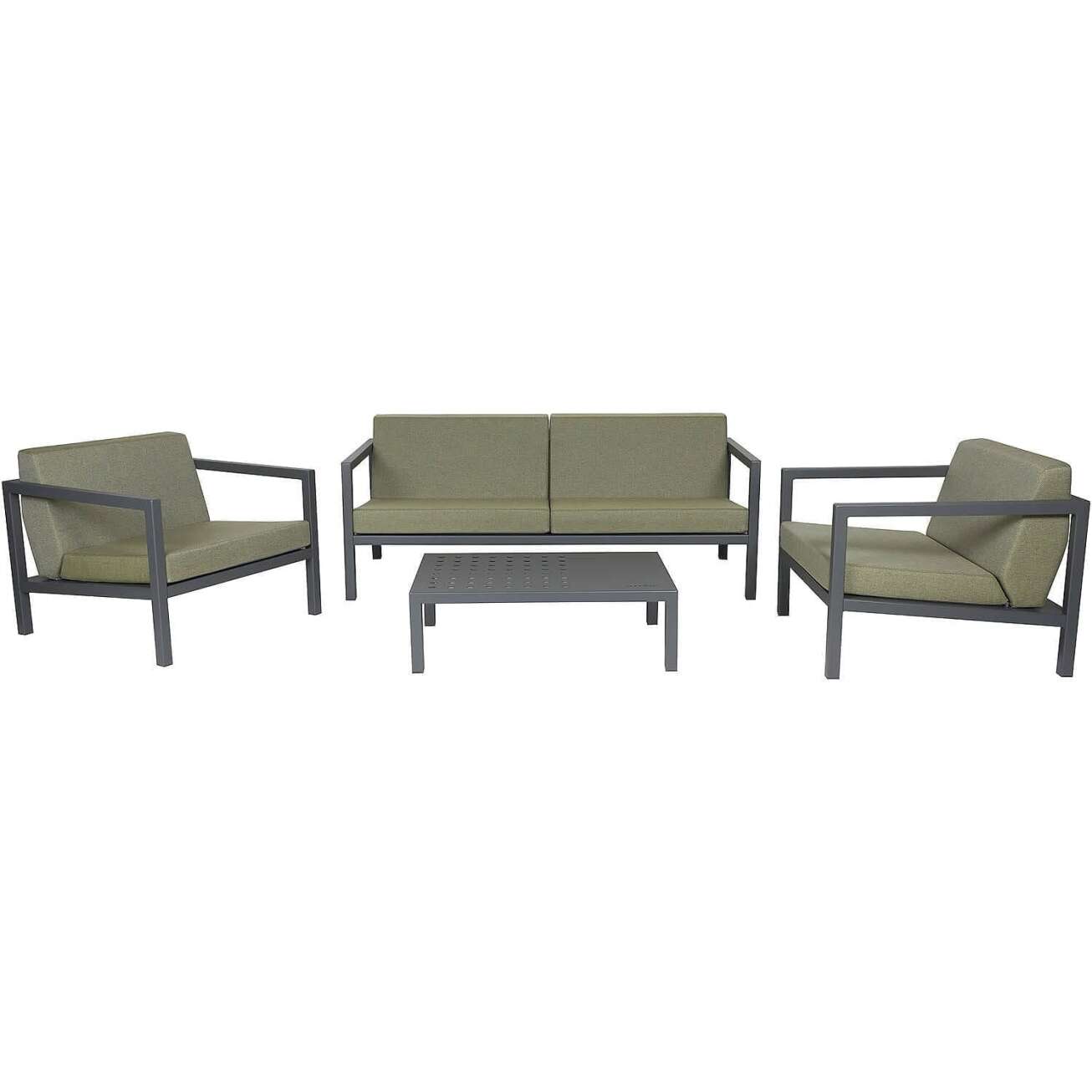 Sundays Frame sofagruppe - 2.5-seter, to stoler og sofabord i mørkgrå aluminium med grønne puter