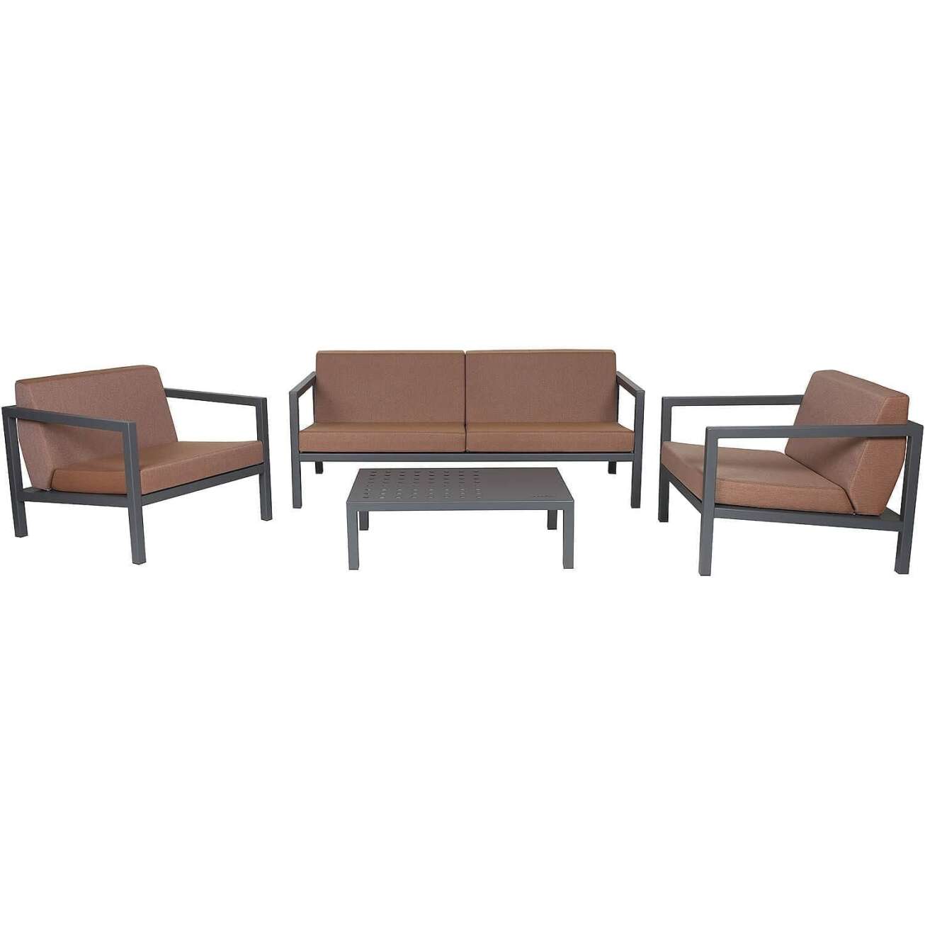 Sundays Frame sofagruppe - 2.5-seter, to stoler og sofabord i mørkgrå aluminium med brune puter