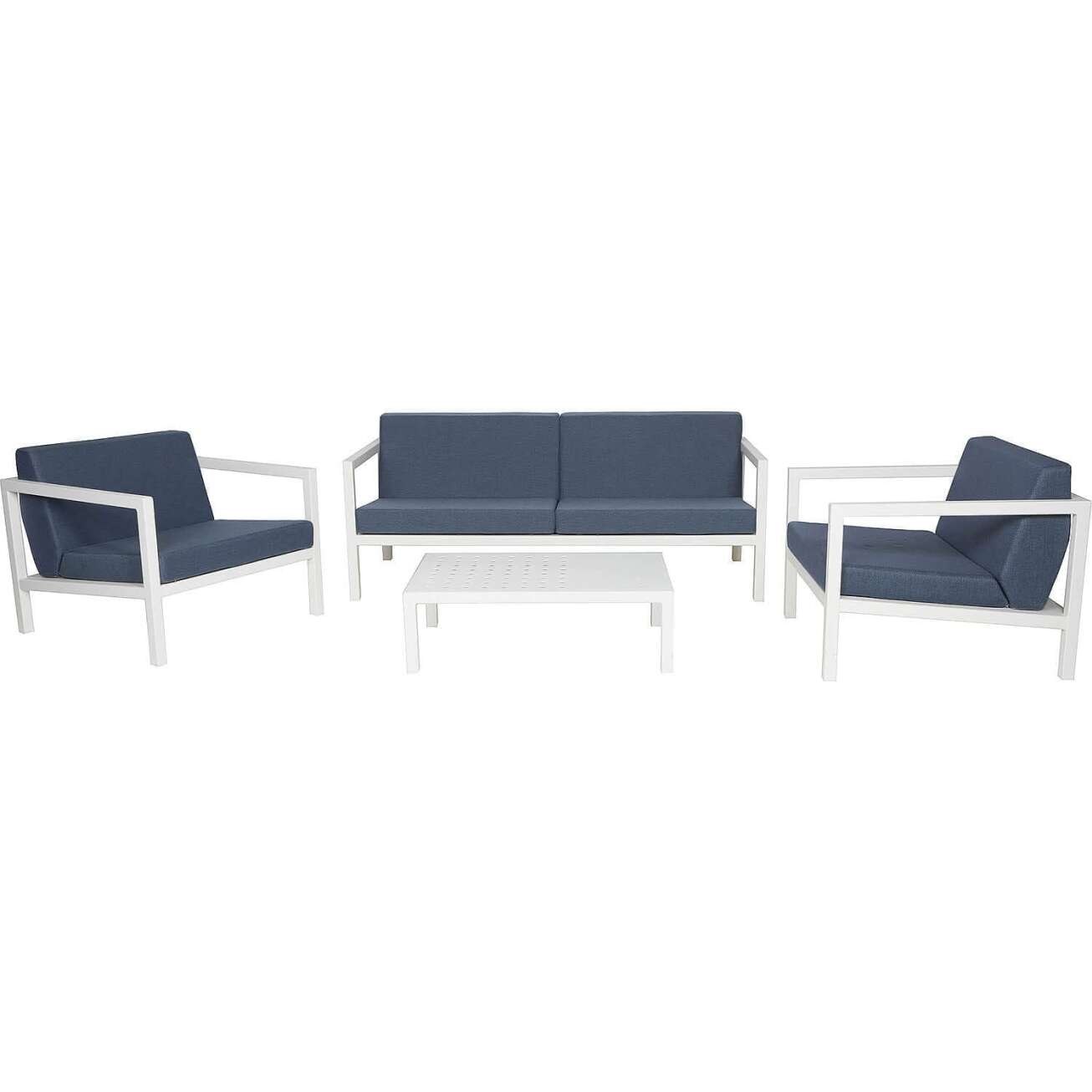 Sundays Frame sofagruppe - 2.5-seter, to stoler og sofabord i hvit aluminium med blå puter