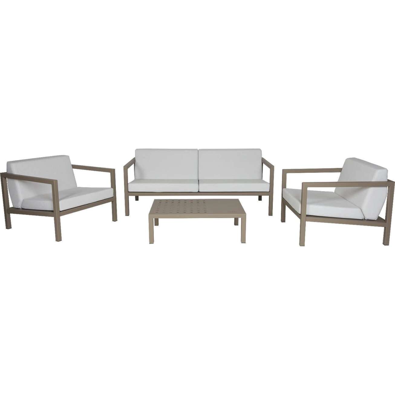 Sundays Frame sofagruppe - 2.5-seter, to stoler og sofabord i brun aluminium med hvite puter