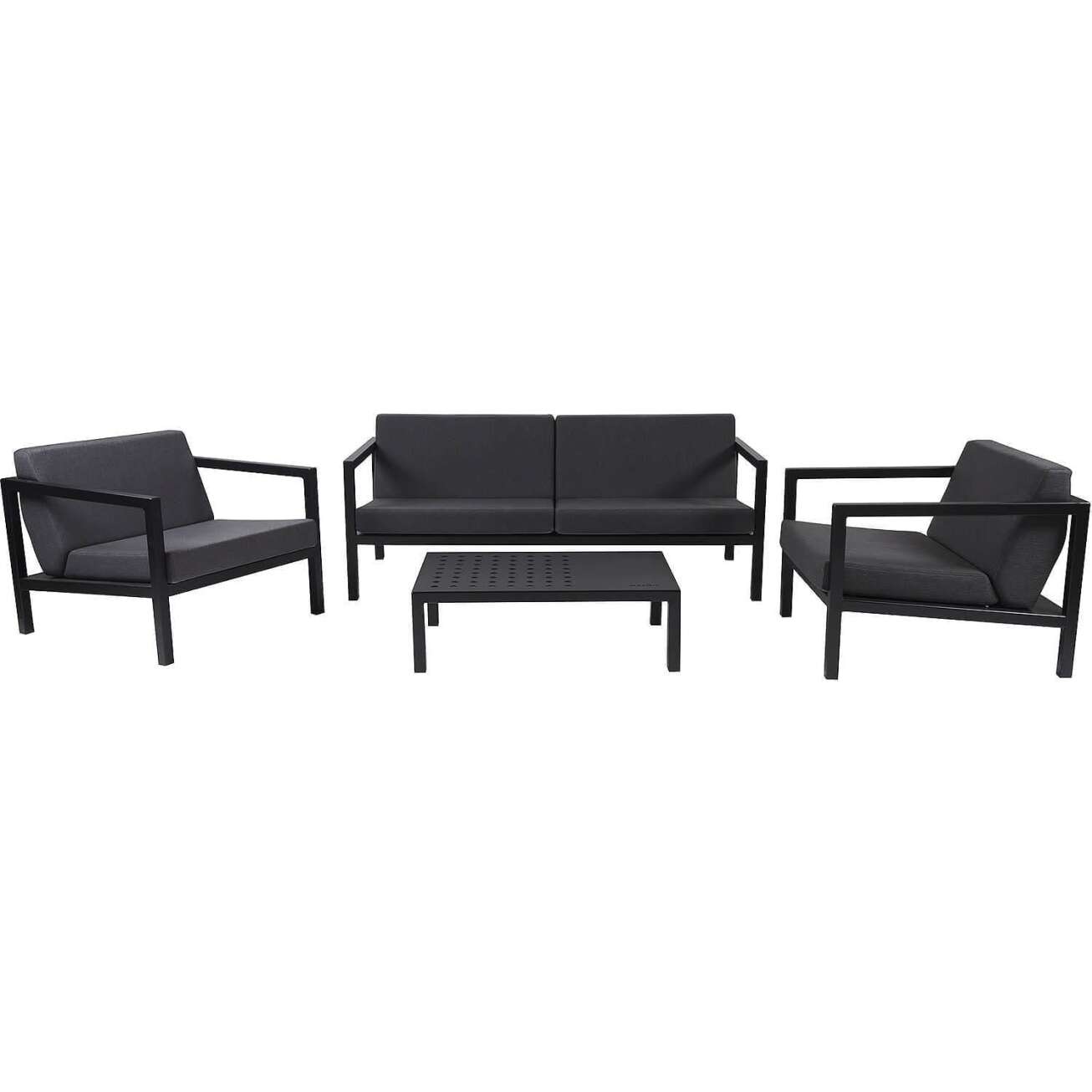 Sundays Frame sofagruppe - 2.5-seter, to stoler og sofabord i sort aluminium med svarte puter