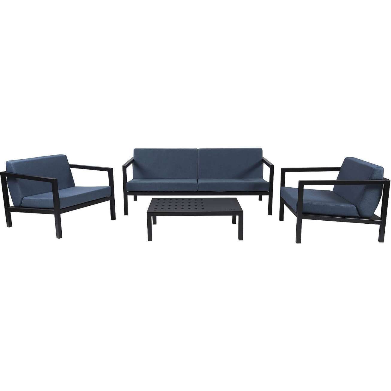Sundays Frame sofagruppe - 2.5-seter, to stoler og sofabord i sort aluminium med blå puter