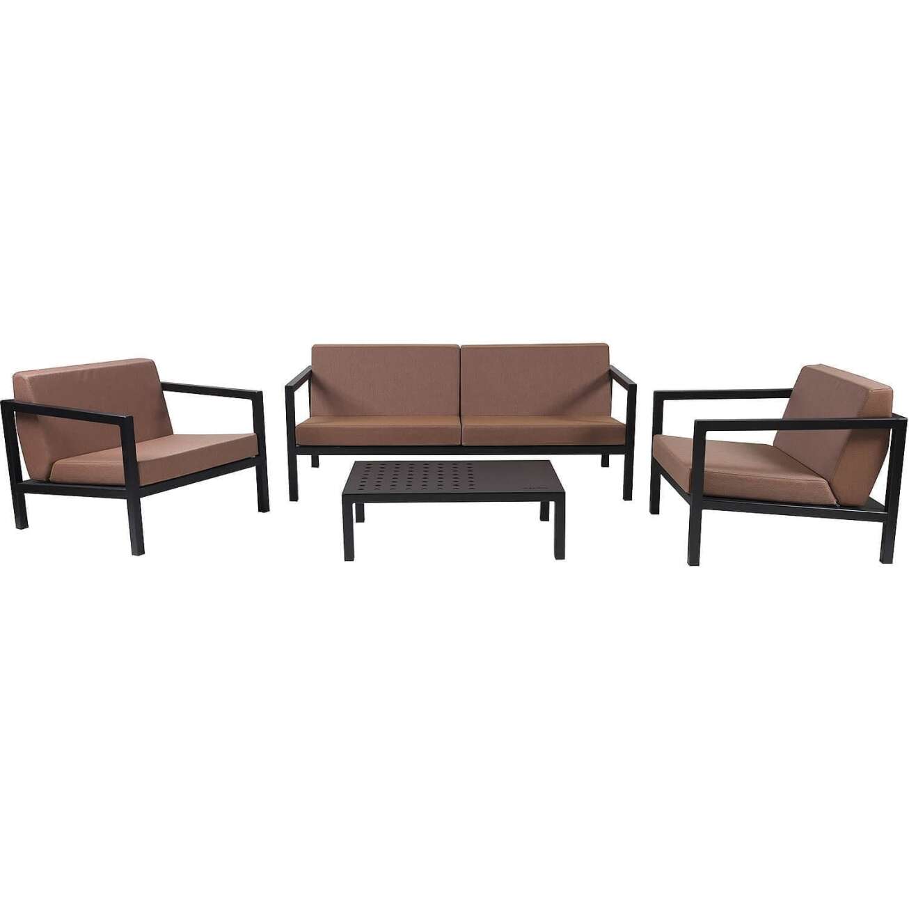 Sundays Frame sofagruppe - 2.5-seter og to stoler og sofabord i sort aluminium med brune puter