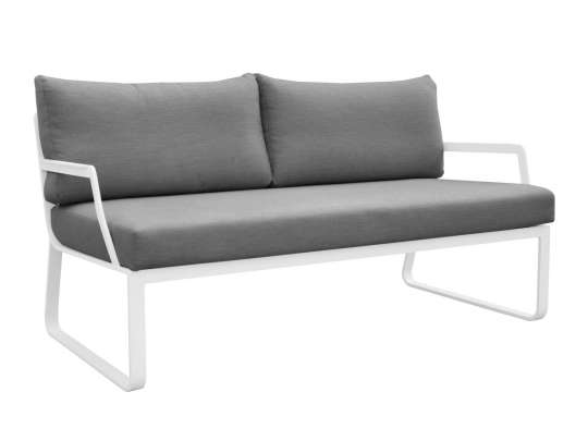 Gardenart 2 seters sofa med armlener, hvit aluminiumsramme og puter i grå vannavstøtende tekstil.