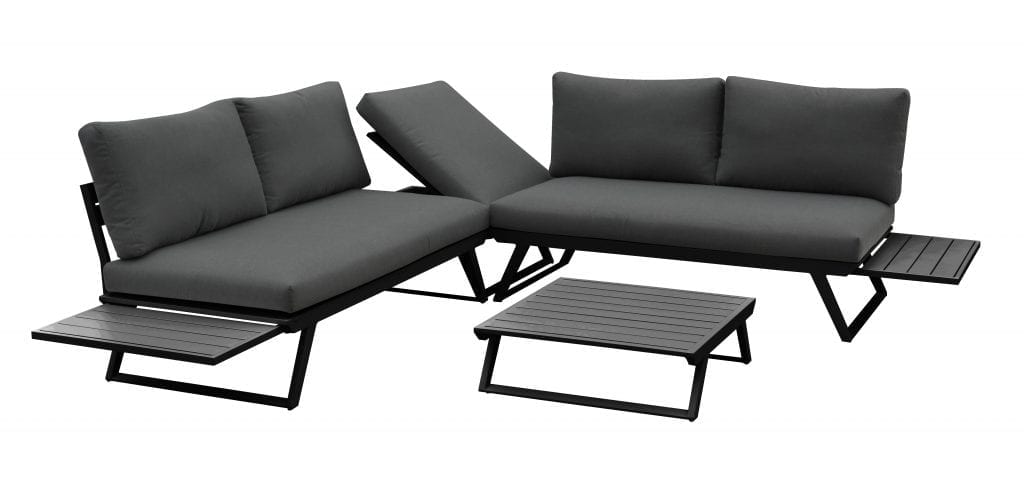 Gardenart fleksibel hjørnesofa med bord i sort aluminium og grå puter