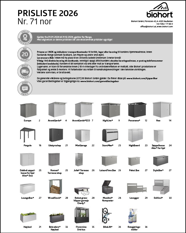Prisliste for Biohort putekasser og oppbevaringskasser hos Fine Design hagemøbler 2026