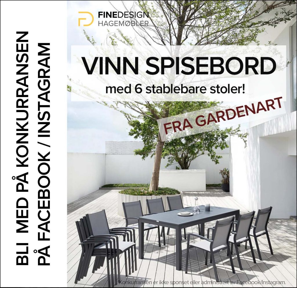 Stort spisebord med ileggsplater og stablebare stoler fra Gardenart